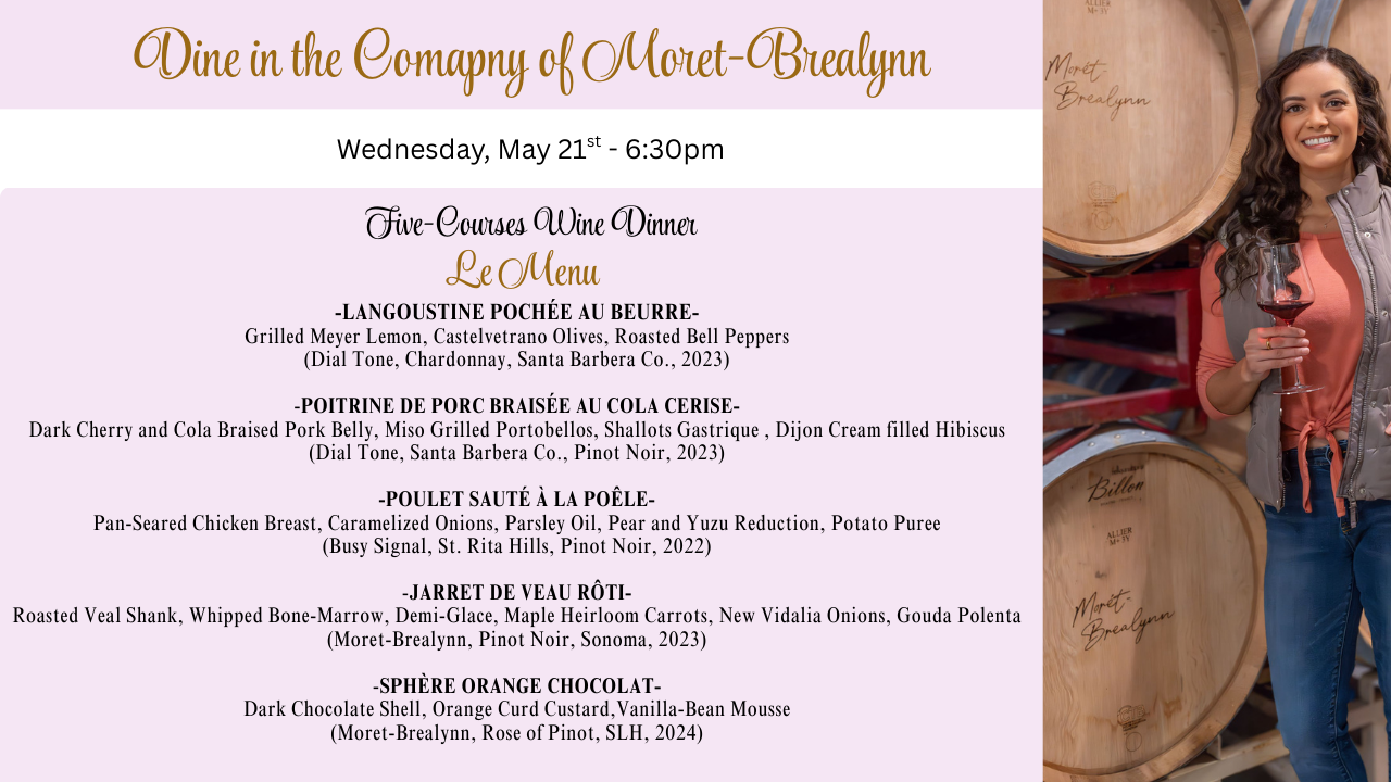 Five-course wine dinner menu for May 21, 2025 at L’Antoinette, featuring Moret-Brealynn wines paired with refined French dishes.