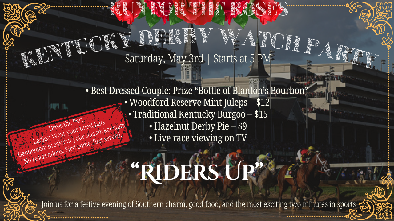 Kentucky Derby horses racing past the crowd – join us for Run for the Roses at L’Antoinette