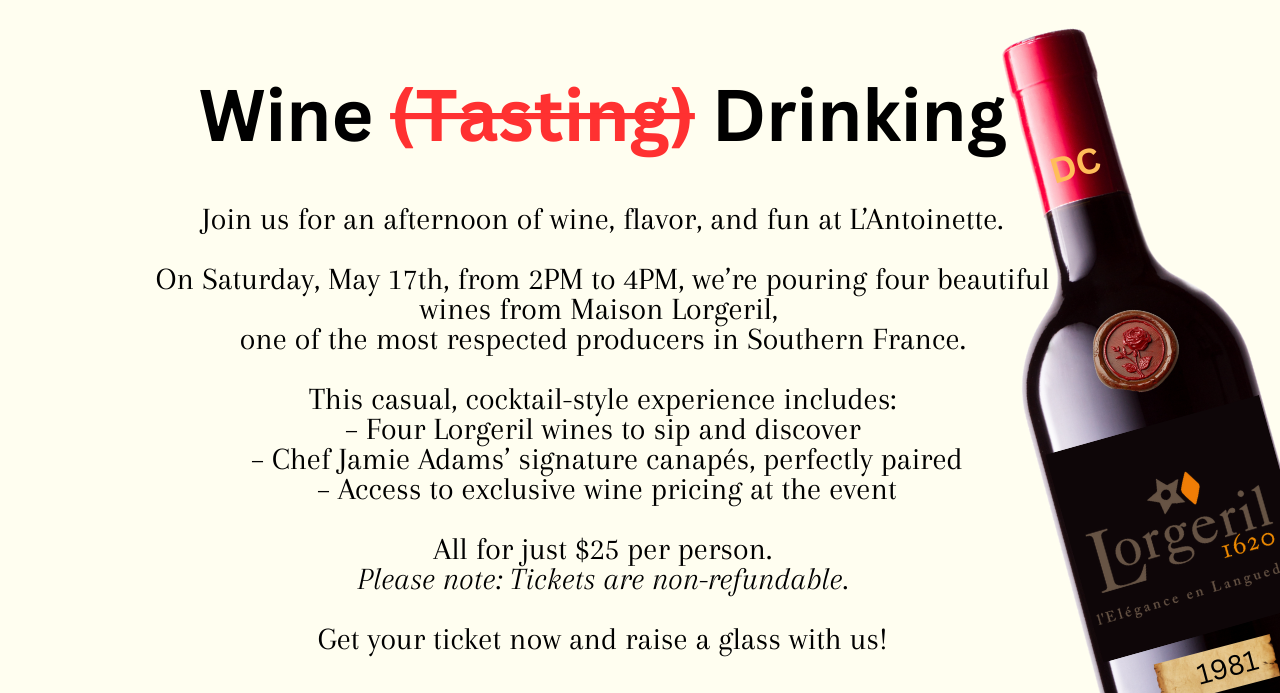 Wine glasses being poured at a tasting event – join us at L’Antoinette for an exclusive Lorgeril afternoon